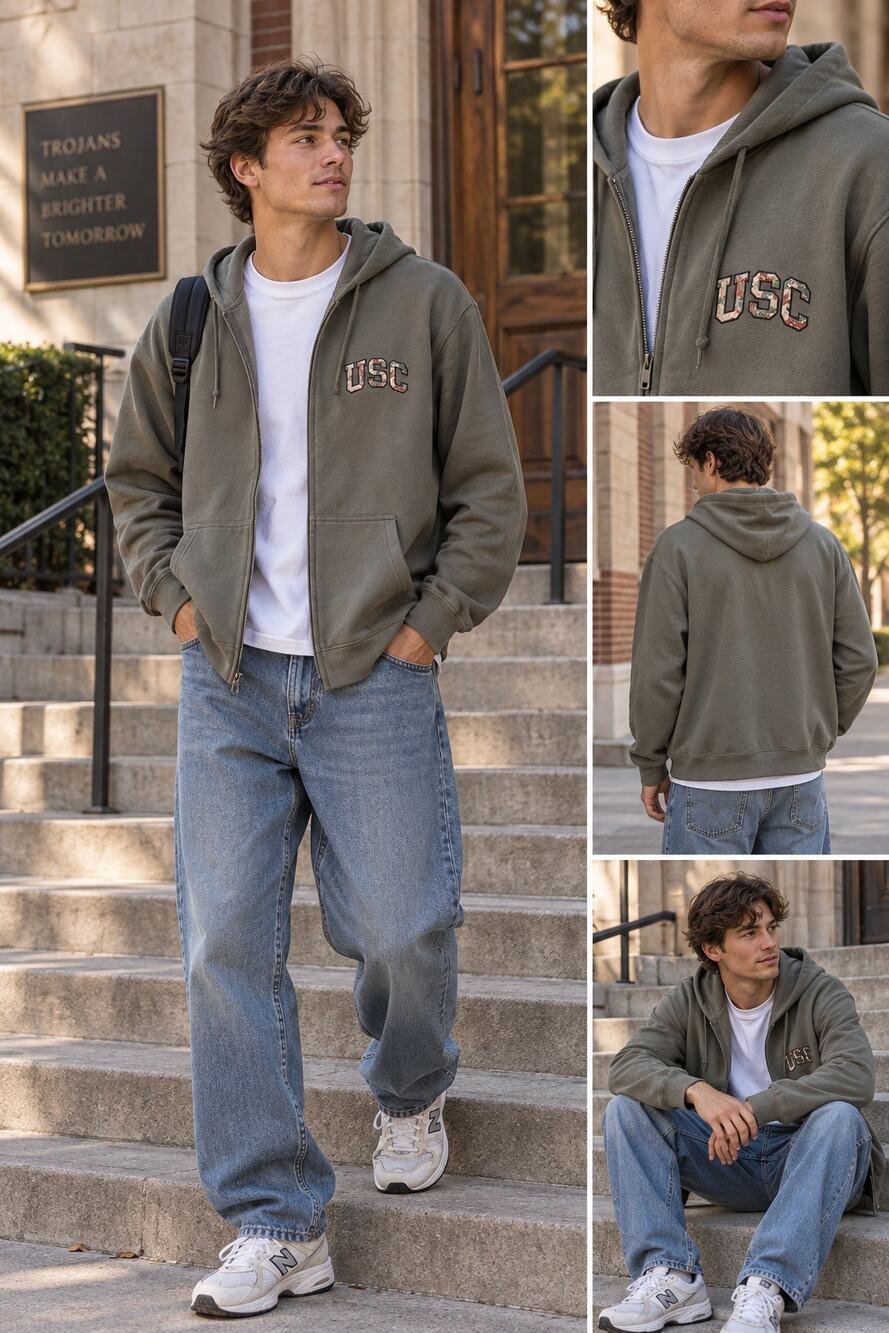 USC Trojans Hoodie Olive Green Camo Embroidered Made in USA L Unisex